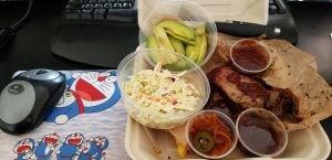 Office desk lunch of fabulous brisket